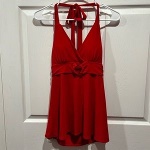 D.F.A. NEW YORK Women’s V Neck Halter Top Blouse Shirt w/ Ties - red, size S